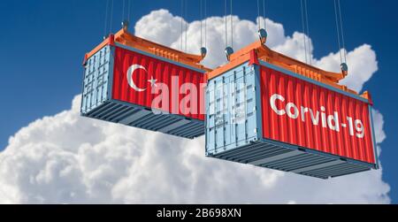 Container with Coronavirus Corvid-19 text on the side and container with Turkey Flag. Concept of international trade spreading the Corona virus. Stock Photo
