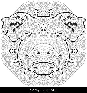 Zentangle pig head with mandala. Hand drawn decorative vector illustration for coloring Stock Vector