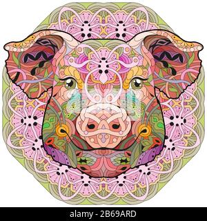 Zentangle pig head. Hand drawn decorative vector illustration with mandala Stock Vector