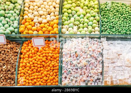 many colored and bright sweets and lukum for sale at turkish market Stock Photo