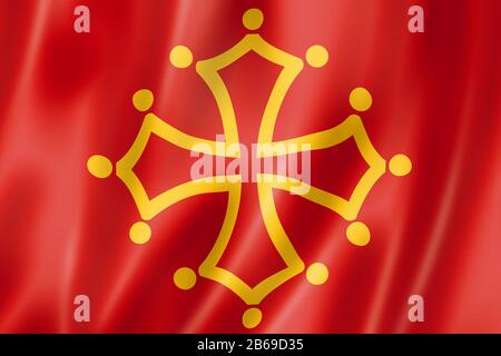 Midi-Pyrenees Region flag, France waving banner collection. 3D illustration Stock Photo