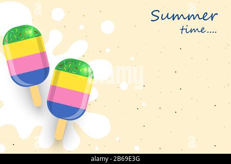 Summer holidays concept, summer time background. Colorful ice cream on the floor, on top of splash water in brown background. Stock Vector