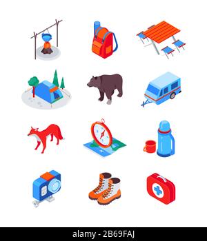 Camping and hiking equipment - modern isometric icons set Stock Vector