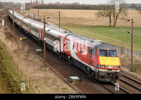 Northbound LNER train passing Colton junction shortly before its arrival in York, UK. Stock Photo