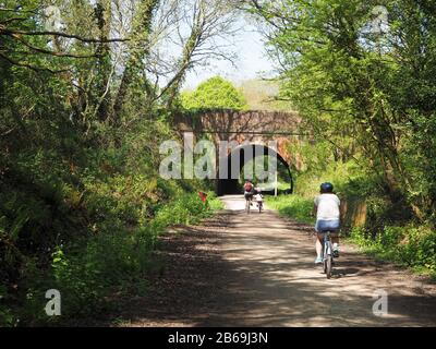 family cyclists riding along an old railway on a cycle path  Stock Photo