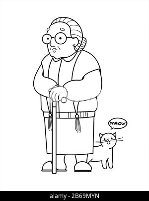 Outline vector image of an old woman in a shawl, wearing glasses and with a cane. Good old grandmother with a meowing cute cat. Elderly woman, senile Stock Vector