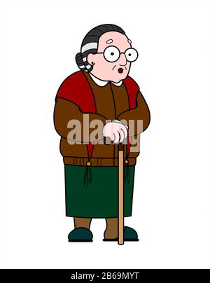 Vector old woman in a shawl with glasses and with a cane. Good old grandmother. Retiree, babushka. Elderly woman, senile people concept. Isolated on a Stock Vector