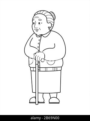 Vector contour old woman with a cane. Good old grandmother. Retiree, babushka. Elderly woman, senile people concept. For coloring book page. Isolated Stock Vector