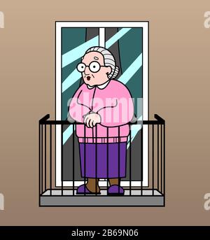 Vector image of an old woman on the balcony. Good old grandmother. Elderly woman, senile people concept. Stock Vector