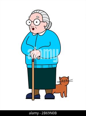 Vector Image Of An Old Woman With Glasses And With A Cane. Good Old Grandmother With A Red Cute Cat. Elderly Woman, Senile People Concept. Isolated On Stock Vector