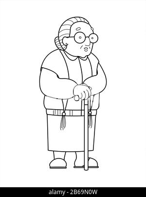 Vector contour old woman in a shawl with glasses and with a cane. Good old grandmother. Retiree, babushka. Elderly woman, senile people concept. For c Stock Vector