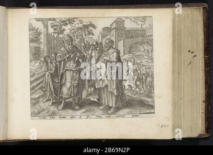 Ahab repents after the curse of Elijah from Ahab and Naboth (series title) History of Ahab and Jezebel Naboth (series title) The Great Figuer-Bibel (series title) Elijah pronounces a curse on Ahab and his family. Ahab repents and immediately tears his beautiful clothes. Ahab and Elijah stand outside the walls of Ahab's palace in the vineyard of Naboth. Right Ahab leaves bent his sackcloth. Among the show a verse in Latin. Print part of a album. Manufacturer : printmaker: Philips Gall to design: Maarten van Heemskerck (listed building) publisher Claes Jansz. Visscher (II), publisher: John Phili Stock Photo