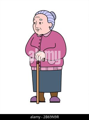 Vector old woman with a cane. Good old grandmother. Retiree, babushka. Elderly woman, senile people concept. Isolated on a white background. Stock Vector