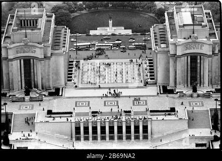 France Paris View from Eiffel Tower 1978 The Palais de Chaillot and the Trocadero. The Trocadéro, site of the Palais de Chaillot ([pa.lɛ də ʃa.jo]), is an area of Paris, France, in the 16th arrondissement, across the Seine from the Eiffel Tower. It is also the name of the 1878 palace which was demolished in 1937 to make way for the Palais de Chaillot.The hill of the Trocadéro is the hill of Chaillot, a former village. Stock Photo