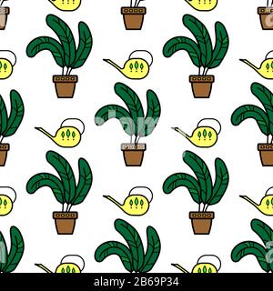 Vector seamless pattern of indoor plants in pots and watering cans; on white background. Pattern for decor, fabric, textile, wrapping paper, backgroun Stock Vector