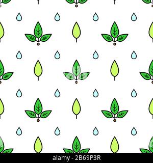 Vector seamless pattern of leaves and drops of water; on white background. Pattern for decor, fabric, textile, wrapping paper, background, wallpaper, Stock Vector