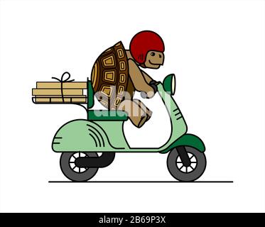 turtle is riding a scooter; slow delivery; cute turtle in a helmet carries boxes on a moped; cardboard boxes; symbol of slowness; modern flat vector i Stock Vector