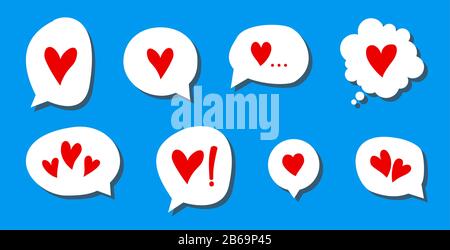 vector hand-drawn hearts collection in bubble talk, cloud speech. Set of hearts for scrapbooking, decoration, use in other images. Stock Vector
