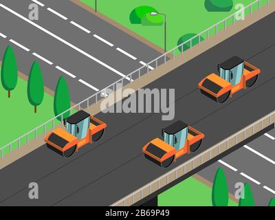 Isometric vector image of road repair, asphalt laying; road rollers are rolling asphalt, overpass, road junction. Isometric city bridge; landscape 3d Stock Vector