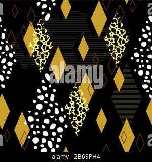 vector seamless geometric pattern of rhombuses of different textures; golden rhombuses on a black background; for printing on fabric, textile, wrappin Stock Vector