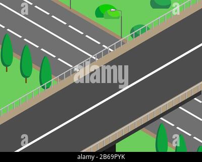 Isometric city bridge; landscape 3d route; vector image of the road. Transport road, street, viaduct or high-speed track, overpass, traffic intersecti Stock Vector