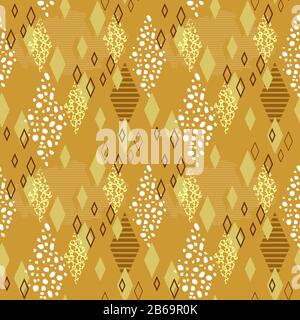vector seamless geometric pattern of rhombuses of various textures; gold rhombuses on a gold background; for printing on fabric, textile, wrapping pap Stock Vector