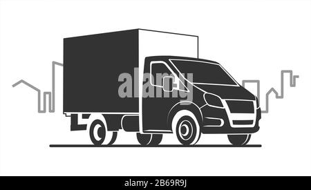 vector stylized lorry on the background of the city, the contour of the buildings, the line of the urban landscape, three quarters view; logo, car tem Stock Vector