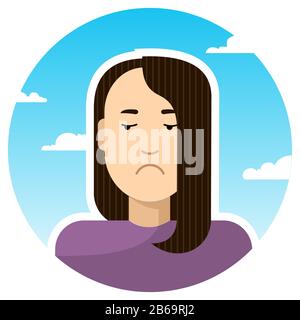 displeased, angry, grumpy, offended girl looks down; round icon on a background of sky and clouds. Stylized vector caucasian girl. Stock Vector