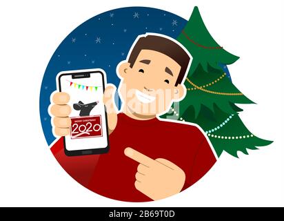 Smiling guy with a phone on the background of the Christmas tree. Shows the phone screen, points to it with a finger. Rat, greeting card on the screen Stock Vector