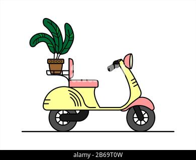 vector retro scooter with a trunk, with a flower in the trunk; vintage stylish moped for a girl; scooter for delivery; isolated on a white background; Stock Vector