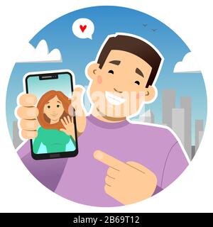 online dating, dating site. Video calling. Smiling guy with a phone. Shows the phone screen, points to it with a finger. Photo of a girl on the phone Stock Vector