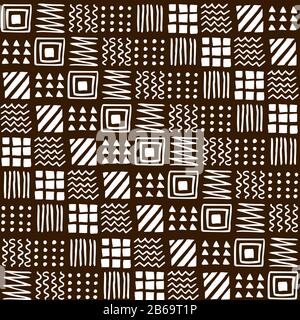 Vector seamless geometric pattern of squares, stripes, lines, waves, triangles, dots, zigzags, hand-drawn. Ethnic white pattern on a dark, dark brown Stock Vector