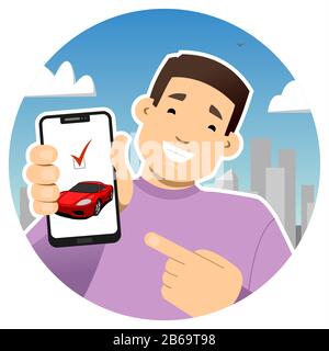 Smiling guy with a phone. Shows the phone screen, points to it with a finger. Bought a car or sold. Red sports car on the phone screen. Round icon. Stock Vector