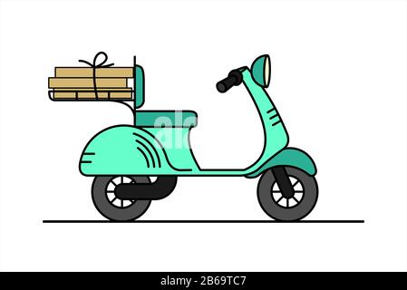vector retro scooter with a trunk, with boxes; vintage stylish moped; scooter for delivery; isolated on white background Stock Vector