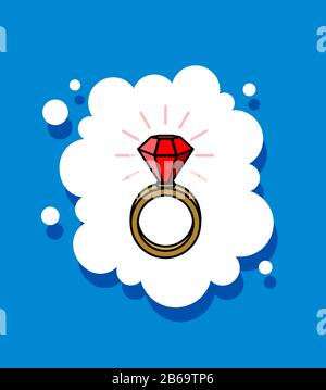 desire to be rich. The dream of a ring with a gem, ruby. Symbolizes luxury. Cloud speech. Stock Vector