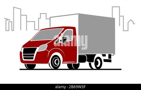 Vector Stylized Lorry On The Background Of The City, The Contour Of The Buildings, The Line Of The Urban Landscape, Three Quarters View. Logo, Car Tem Stock Vector