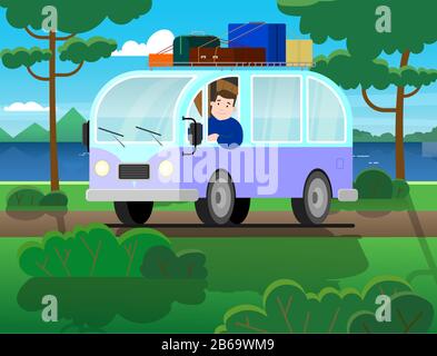 travel on minivan; man drives; vacation in nature. Happy cartoon man in a retro minivan. Road trip, summer vacation by the river, trees, mountains, fo Stock Vector