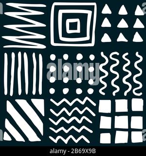 Vector seamless geometric pattern of hand-drawn squares, stripes, lines, dots, zigzags. Ethnic white pattern on a black background. For decor, textile Stock Vector