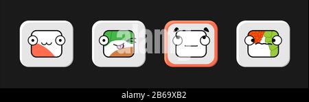 stylized rolls with faces; funny, cute emoji rolls, sushi, uramaki, makizushi with eyes Stock Vector