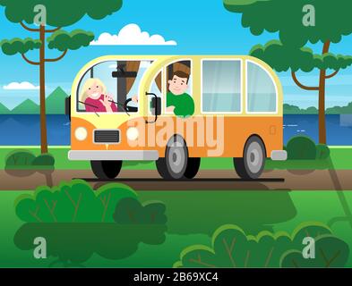 Family travel on a minivan; a man drives a car, a woman waves her hand. Happy cartoon people in a retro minivan. Road trip, summer vacation by the riv Stock Vector