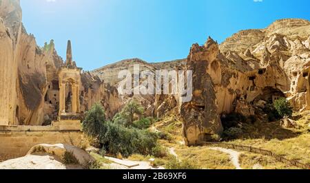 Cave town and rock formations in Zelve Valley, Cappadocia, Turkey Stock Photo