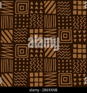 Vector seamless geometric pattern of hand-drawn squares, stripes, lines, dots, zigzags. Ethnic color pattern on a dark background. For decor, textile, Stock Vector