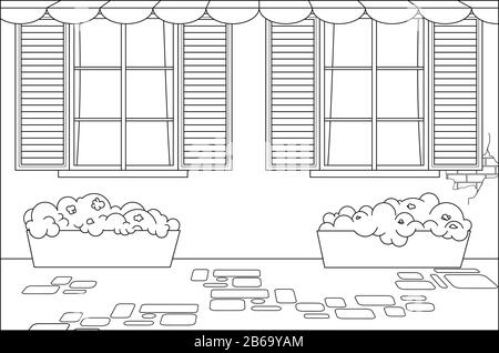 house wall outside; windows with shutters, flowers in floor flower pots. For coloring book page. Stock Vector