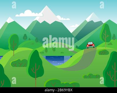 landscape with a red car; The car rides along the road in the hills, against the backdrop of mountains and a lake. Stock Vector