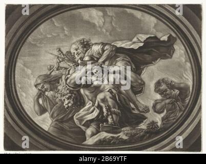 Aeneas fleeing from Troy Aeneas flight with his father (Anchises) and his son (Ascanius) from the burning Troy. He wears his blind crippled father in his rug. Manufacturer : printmaker: Arnoud van Halen Place manufacture: Amsterdam Date: 1683 - 1732 Physical features: mezzotint material: paper Technique: mezzotint dimensions: plate edge: H 191 mm × W 254 mm Subject 'Pius Aeneas': Aeneas, leading Ascanius, escapes from burning Troy, carrying his father Anchises with the Penates; his wife Creusa, who sets out with them, it dissolves on the way Stock Photo