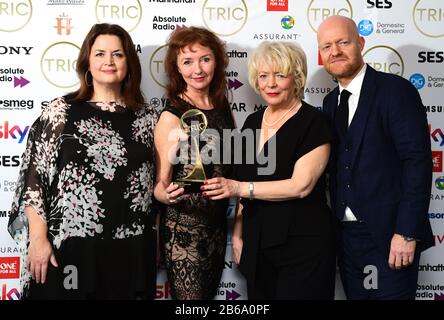 Ruth Jones, Melanie Walters,Alison Steadman and Jake Wood (left to right) from Gavin and Stacey, with the Entertainment Programme Award Sponsored by Kantar at the TRIC Awards 2020 held at the Grosvenor Hotel, London. Stock Photo