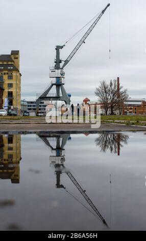 Magdeburg, Germany. 10th Mar, 2020. A disused crane stands in the science harbour and is reflected in a puddle of rain. It continues to change in the region around the state capital. However, the sun is expected to come out again and again in the next few days. Credit: Klaus-Dietmar Gabbert/dpa-Zentralbild/ZB/dpa/Alamy Live News Stock Photo