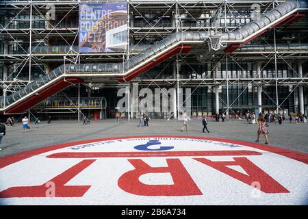 The Center Pompidou aka Pompidou Centre with the sloping plaza in foreground.Paris.France Stock Photo