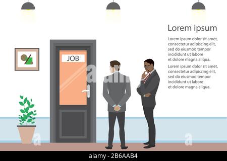 Cartoon businessmen or office workers are searching for job, interview of two candidates,door in office room,flat vector illustration