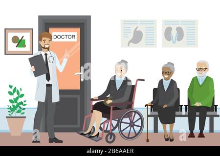 Cartoon door to the doctor's office and old people are waiting,caucasian male nurse in front of the office,flat vector illustration Stock Vector